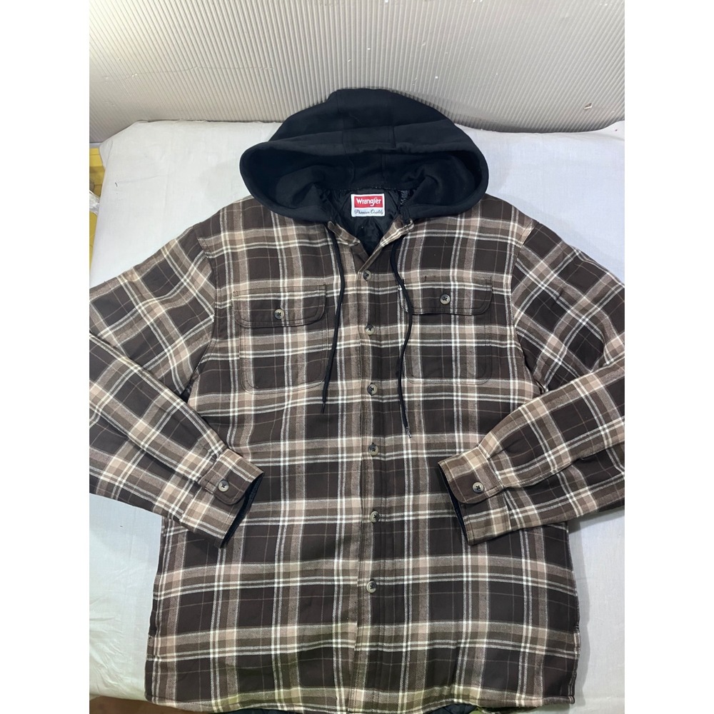 Wrangler Men's Plaid Flannel Lined Hooded Shirt Jacket Brown Tan Size M